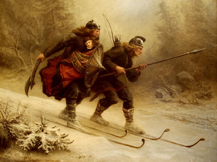 Knud Bergslien Birkebeinerne pa Ski over Fjeldet med Kongsbarnet china oil painting image